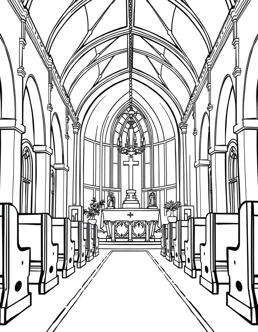 Church interior showing altar, pews, and chandelier details