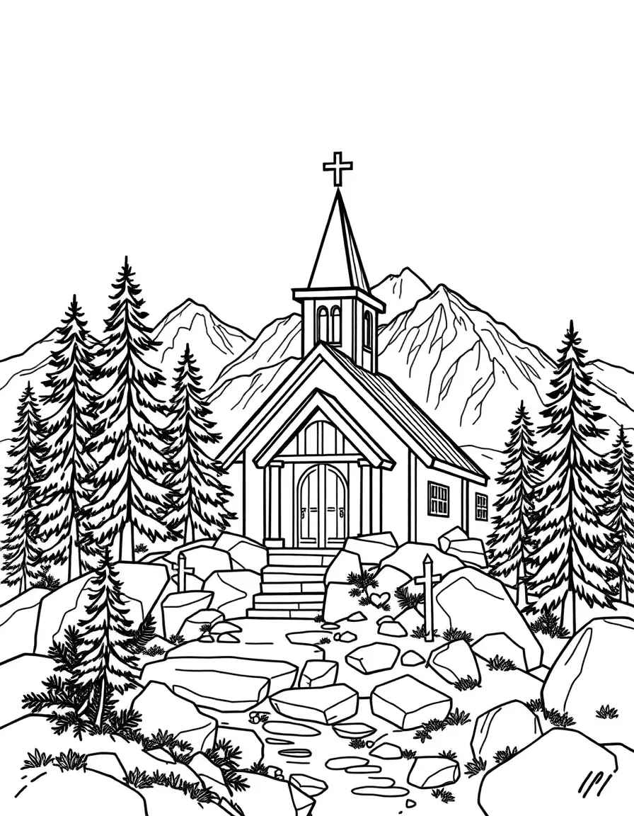 Mountain chapel with pine trees and rocky landscape surrounding it