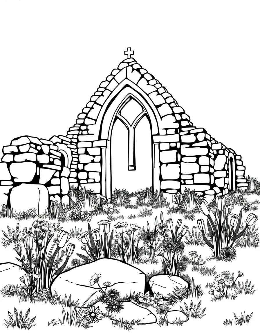 Ancient stone church ruins with wildflowers growing among the stones