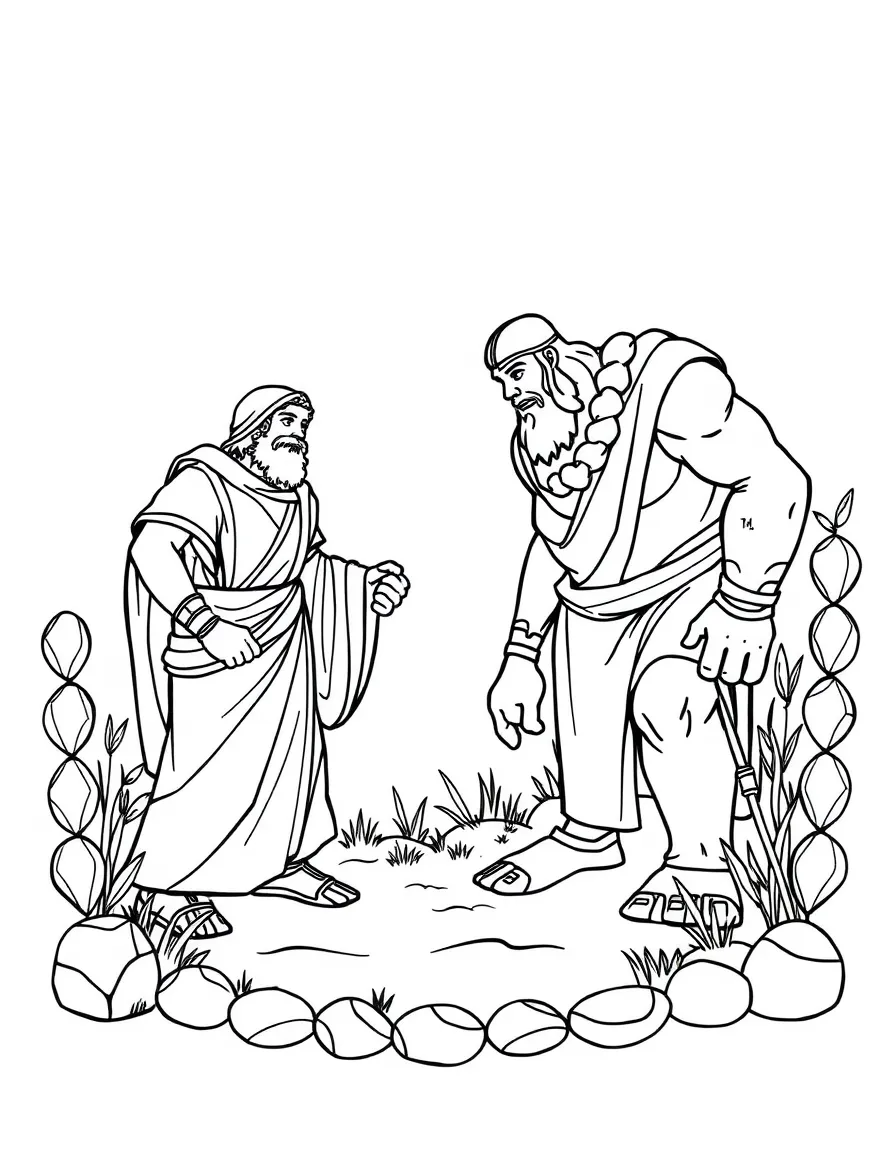 David and Goliath scene with decorative border of stones and sling details
