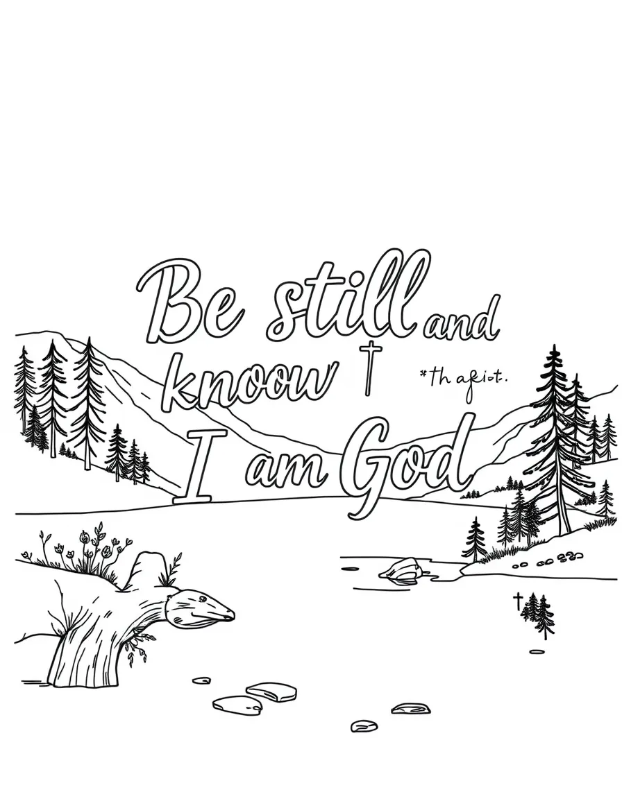 "Be still and know that I am God" (Psalm 46:10) in flowing script with peaceful lake scene