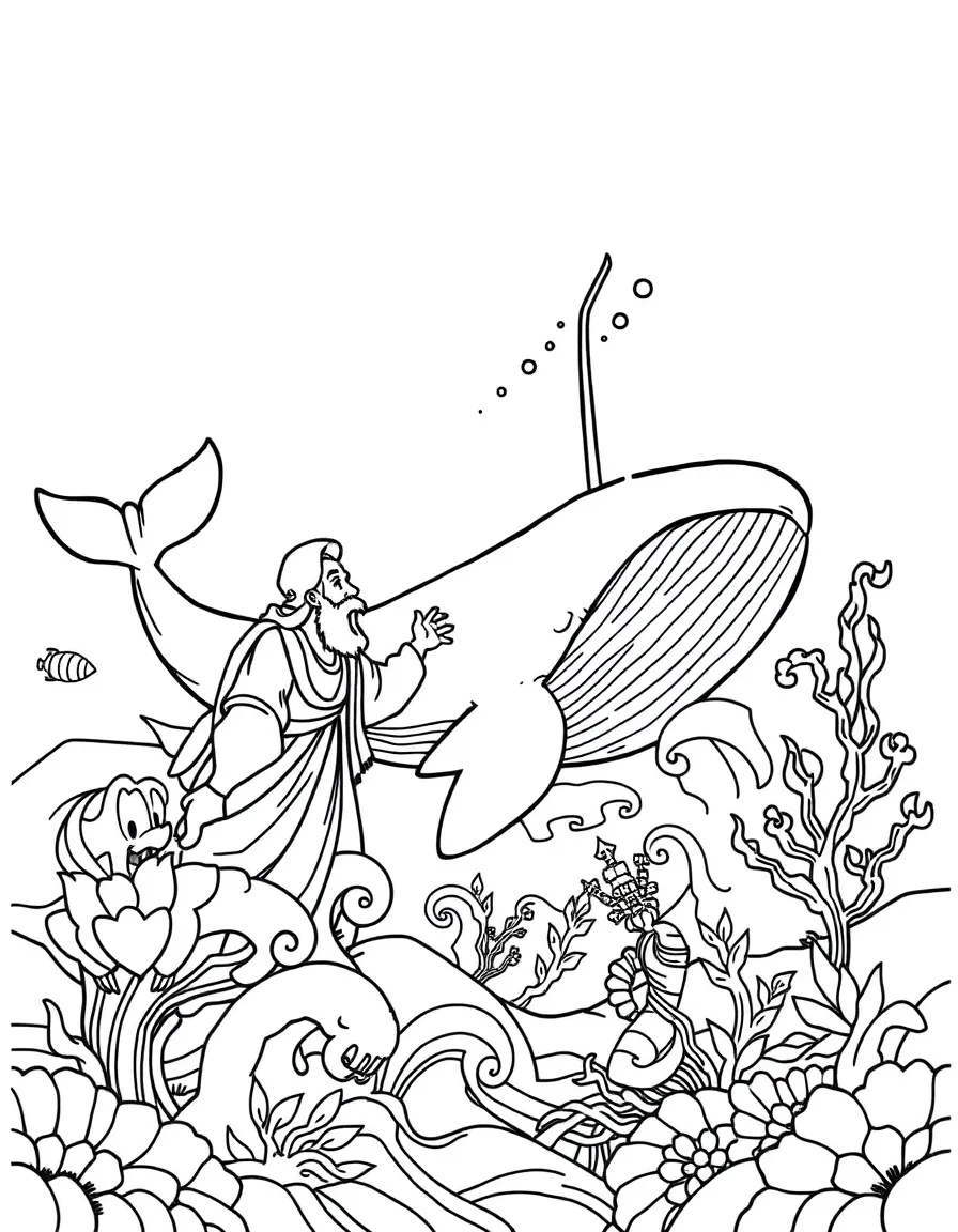 Jonah and the whale with detailed underwater elements and waves