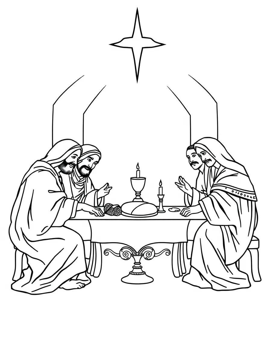 Last Supper scene with decorative chalice and bread elements