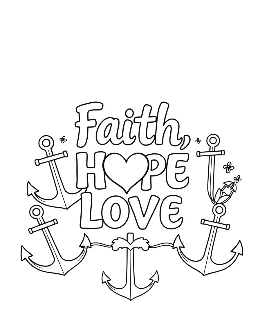 "Faith, Hope, Love" (1 Corinthians 13:13) with symbolic anchors, hearts, and crosses
