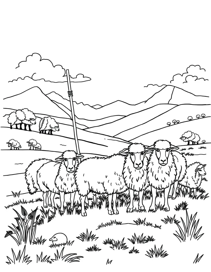 Good Shepherd with detailed sheep in pastoral landscape