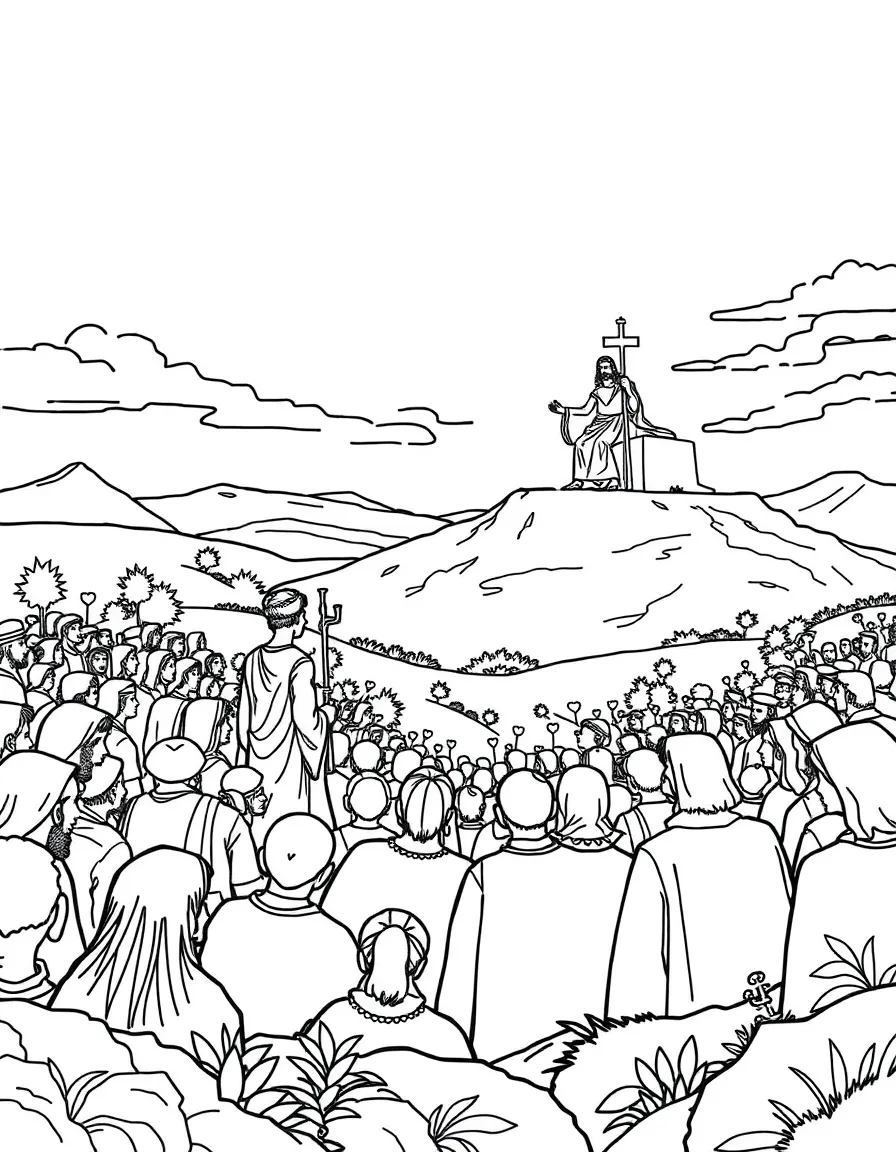 Sermon on the Mount scene with detailed crowd and landscape elements