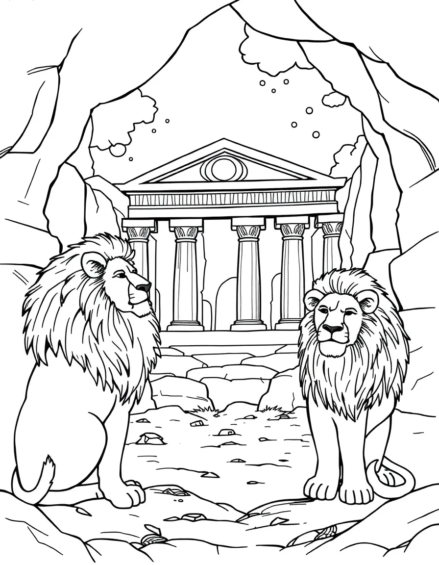 Daniel in the lions' den with detailed lion figures and temple architecture