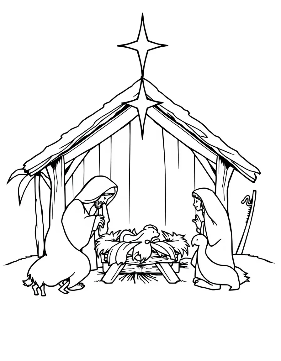 Nativity scene with detailed manger, star, and visiting shepherds