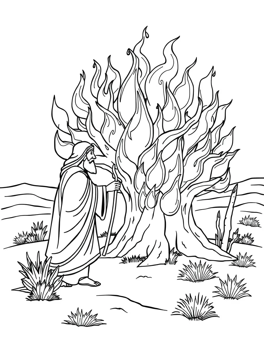 Moses and the burning bush with detailed flame patterns and desert landscape