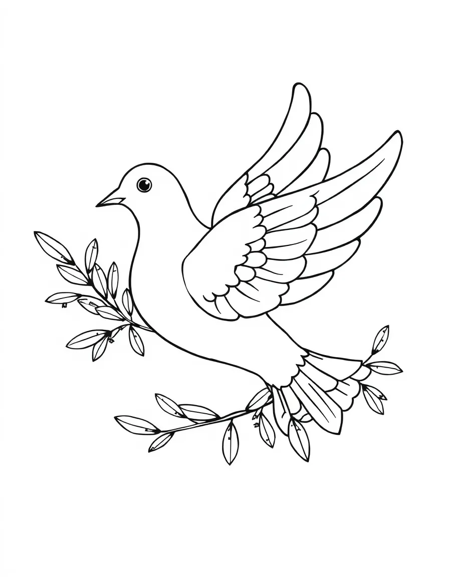 Dove of peace with olive branch and decorative feather patterns