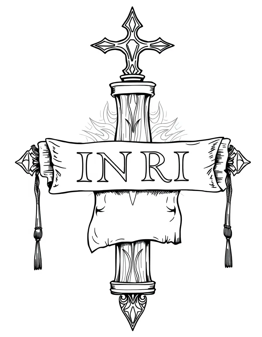 INRI scroll on cross with detailed parchment texture