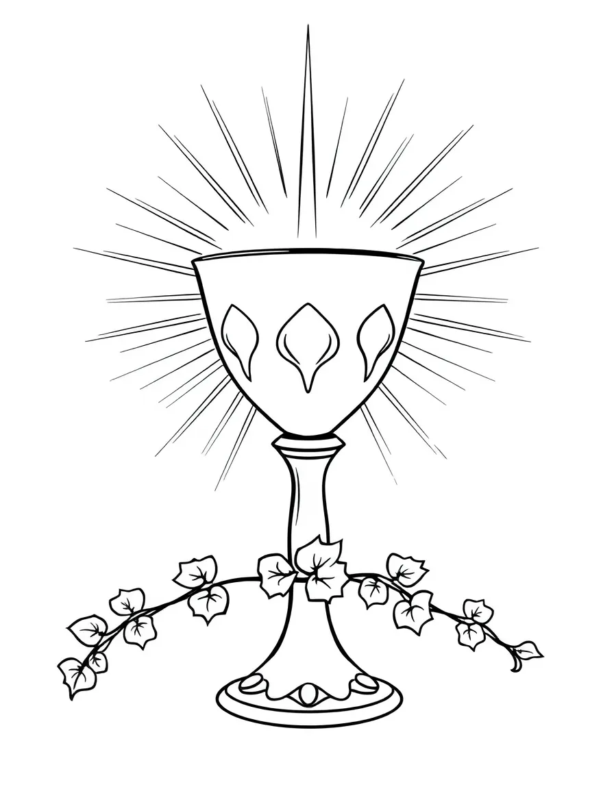 Chalice and host with radiating light and grape vine decoration