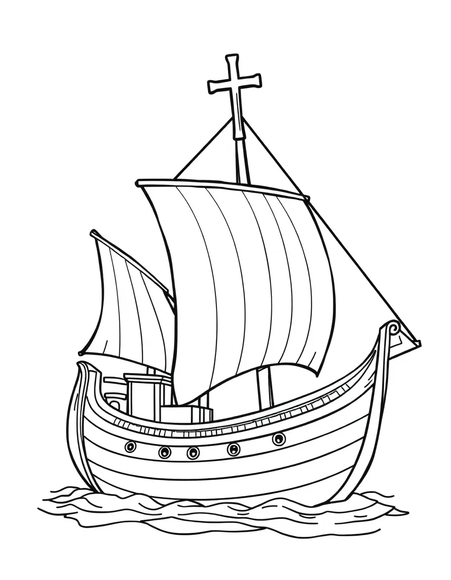 Ship (representing the Church) with detailed sails and cross mast