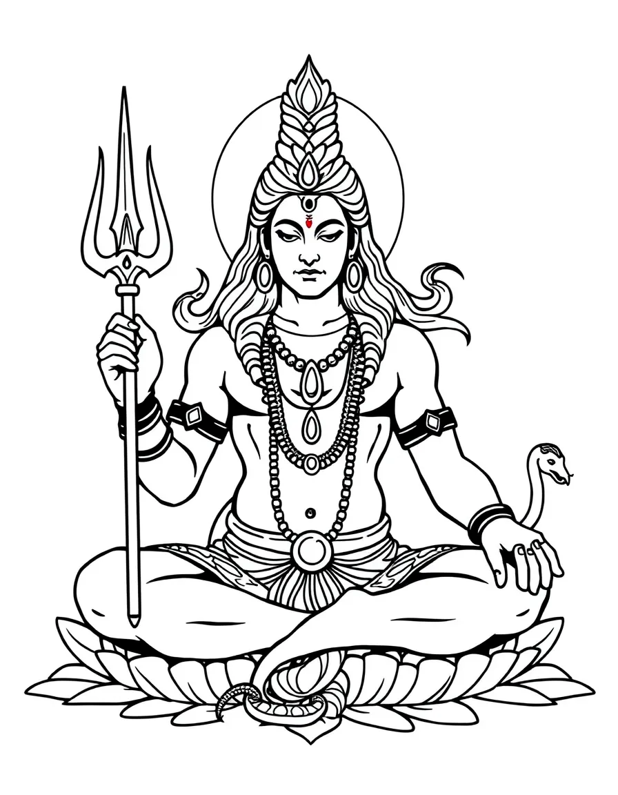 Shiva in meditation pose with trident, snake, and third eye details