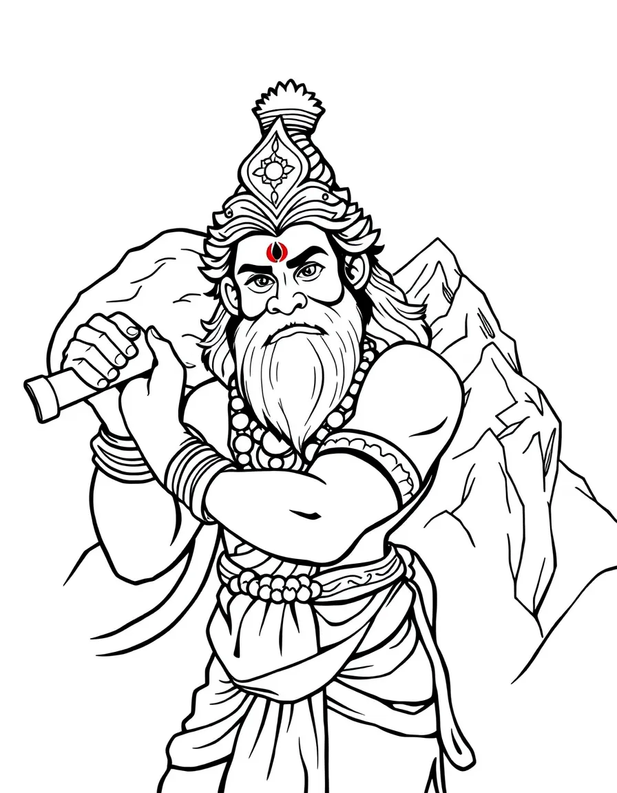 Hanuman carrying mountain with detailed monkey features and devoted expression