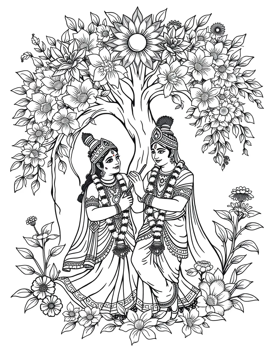 Radha and Krishna under kadamba tree with detailed floral elements