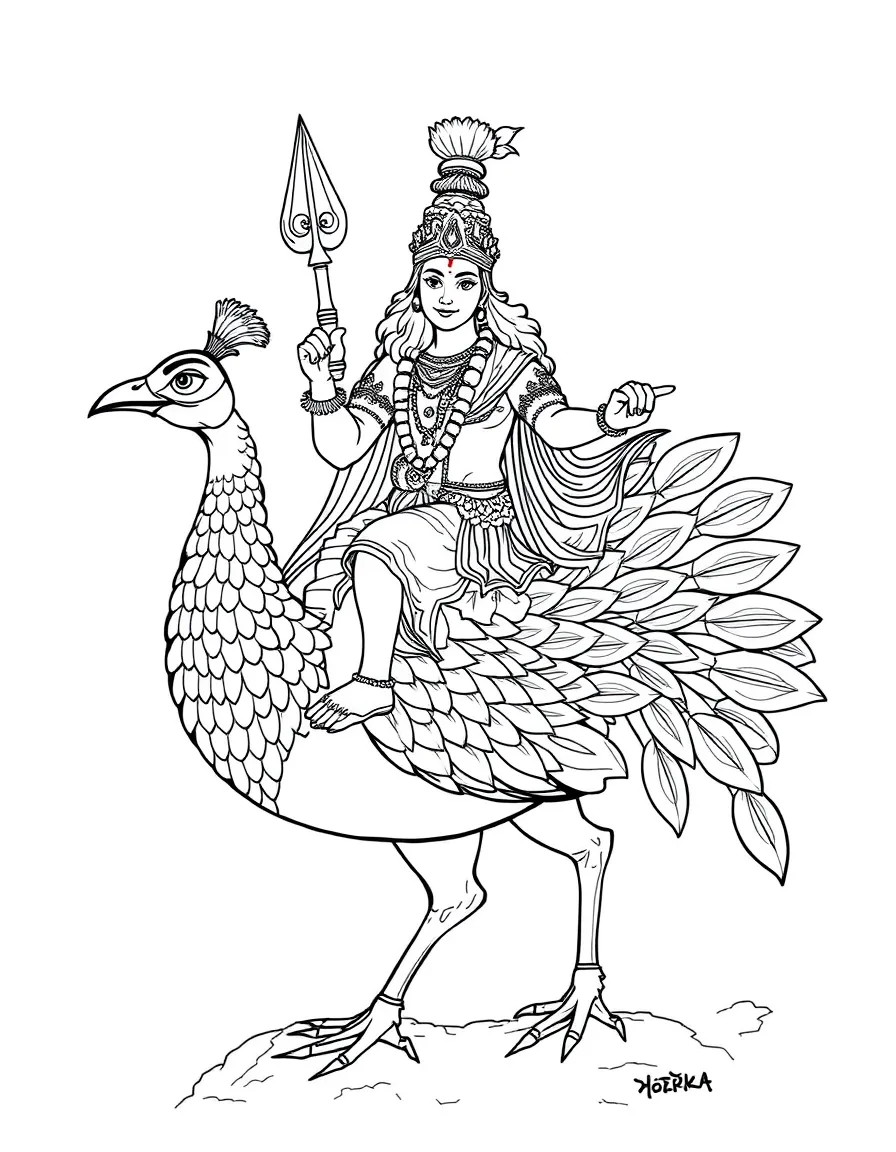 Kartikeya riding peacock with multiple detailed features and weapons