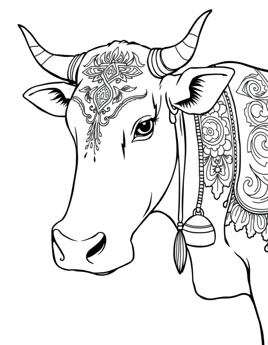 Sacred cow with detailed decorative patterns and bell collar