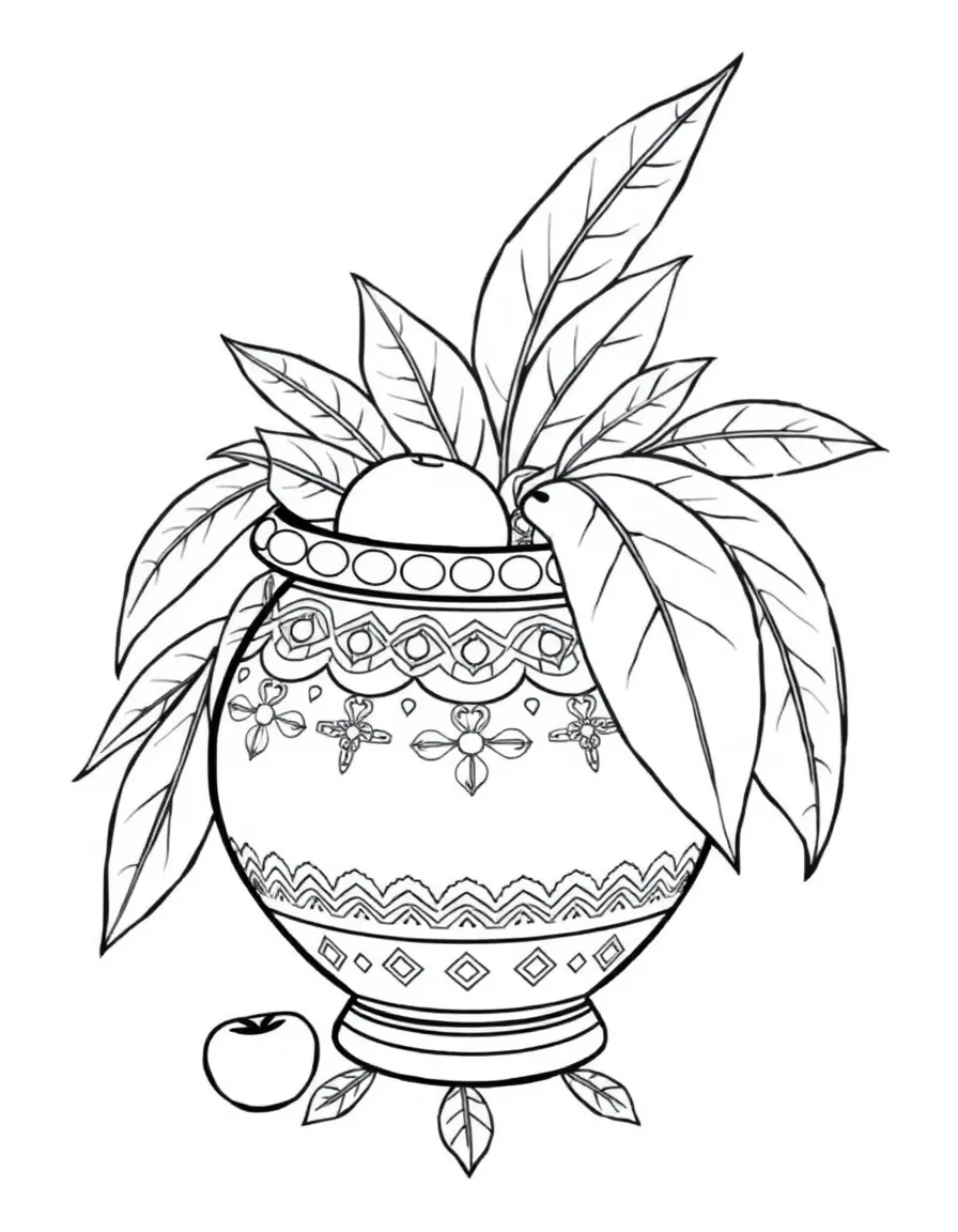Kalasha (ceremonial pot) with coconut, mango leaves, and decorative patterns