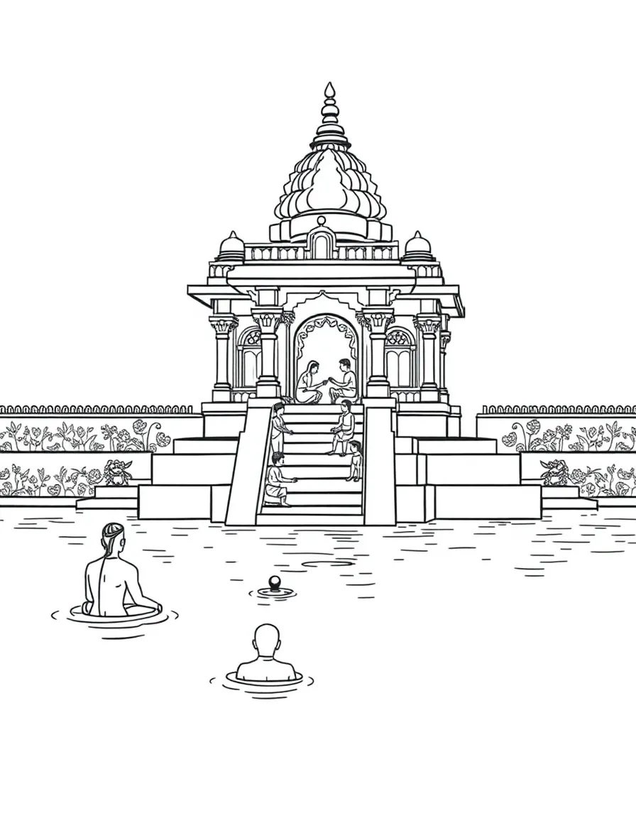 Temple tank with steps (ghats) and devotees in ritual bath