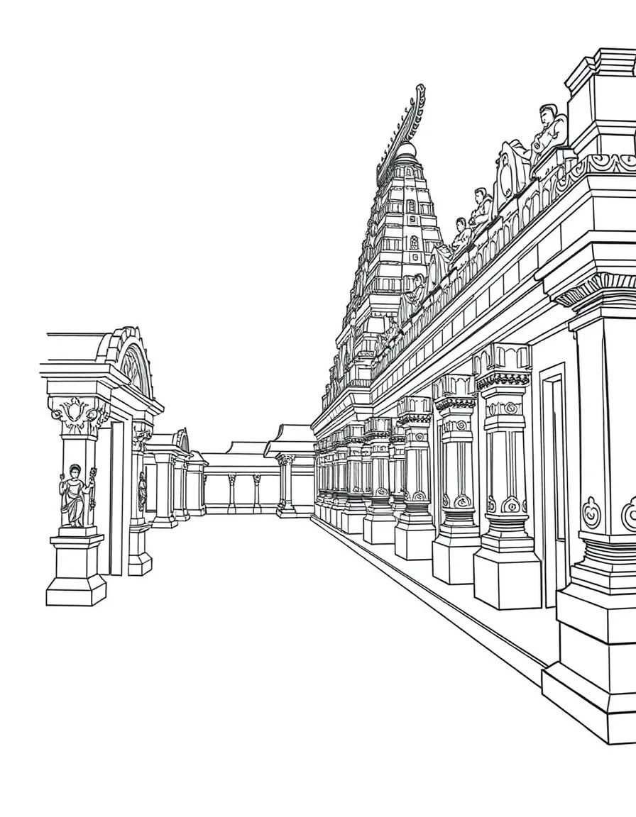 Meenakshi Temple with detailed colorful sculptures and corridor perspective
