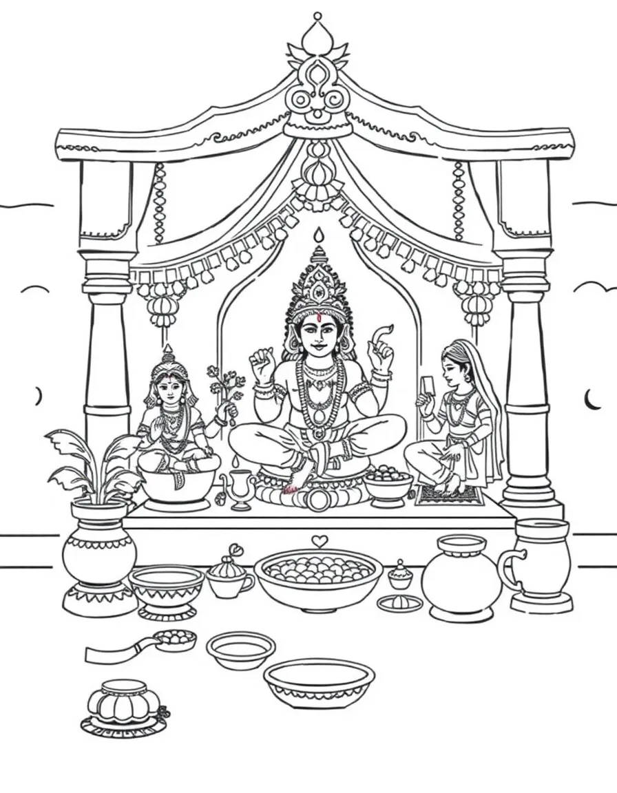 Hindu domestic shrine with multiple deity figures and offering elements
