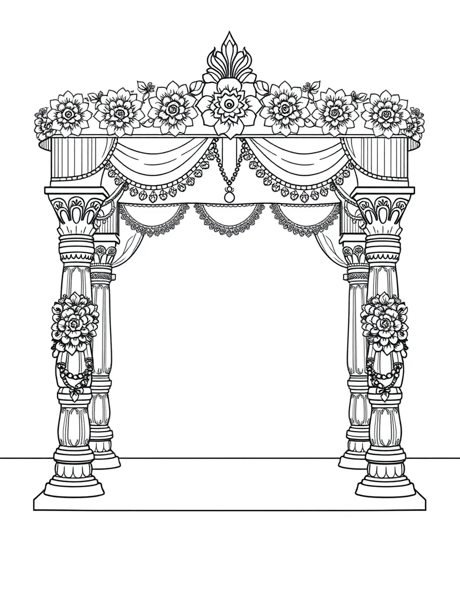 Hindu wedding mandap with detailed pillars and floral decorations