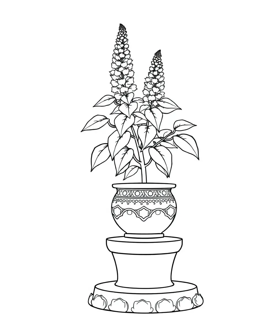 Sacred tulsi plant on elevated platform with decorative pot