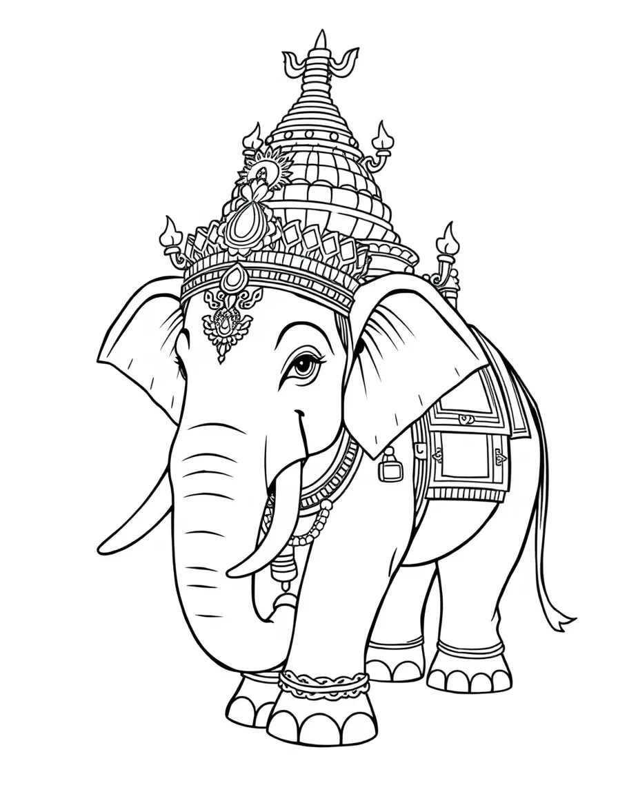 Temple elephant with elaborate ceremonial headdress and decorations
