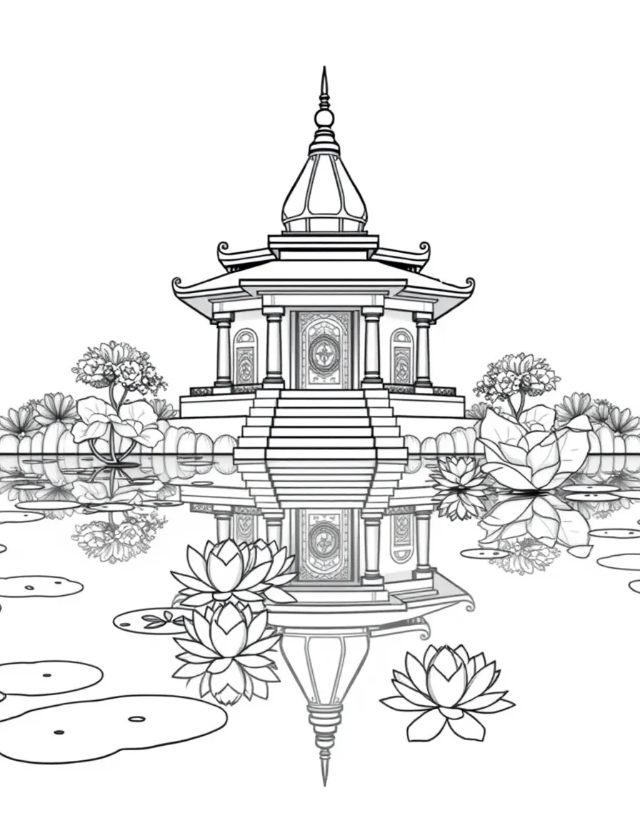 Temple with reflection in sacred tank with lotus flowers