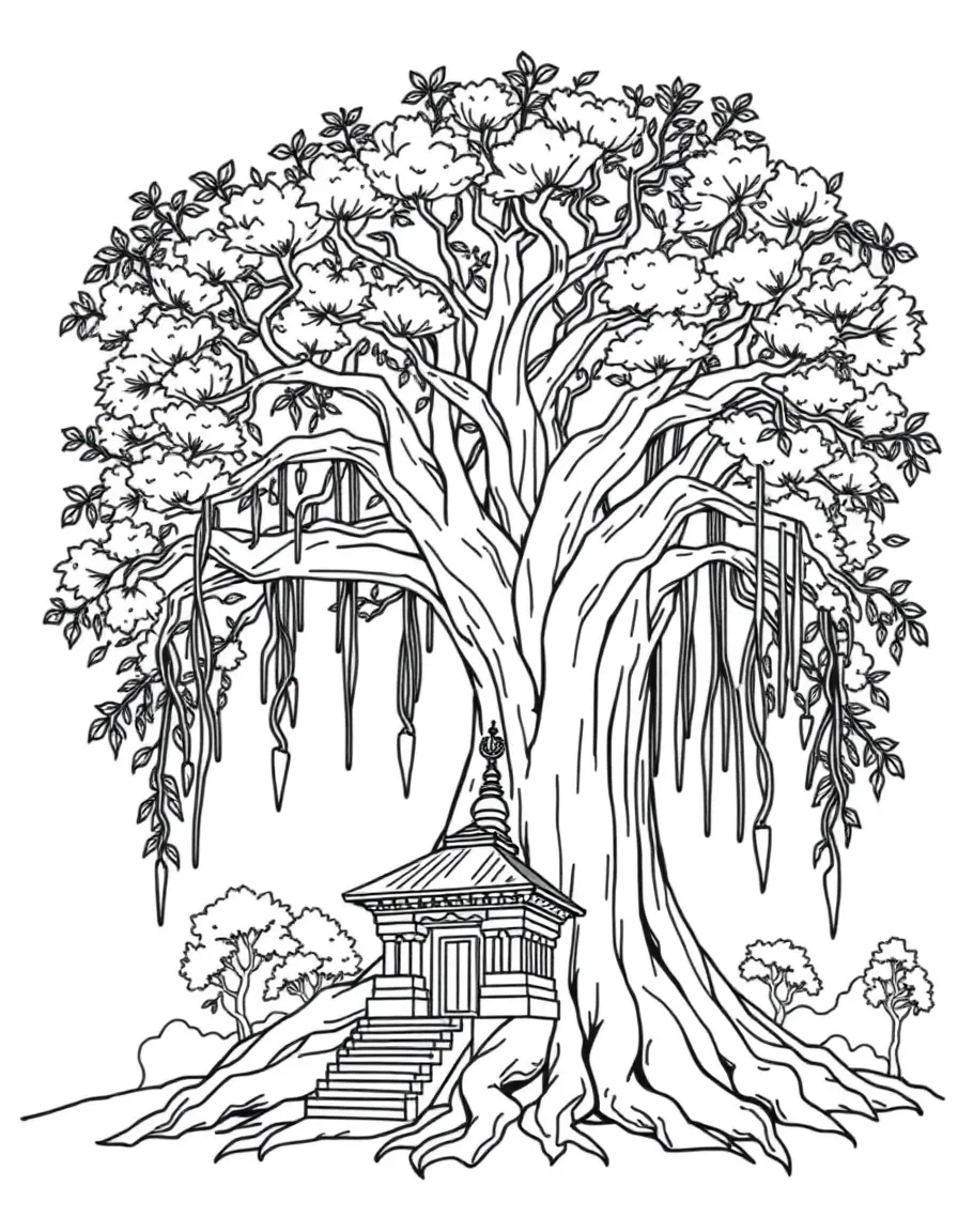 Sacred banyan tree with temple beneath and hanging roots