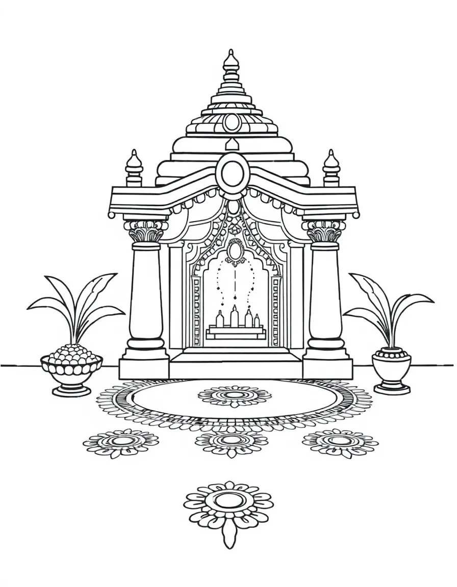 Traditional rangoli/kolam patterns at temple entrance