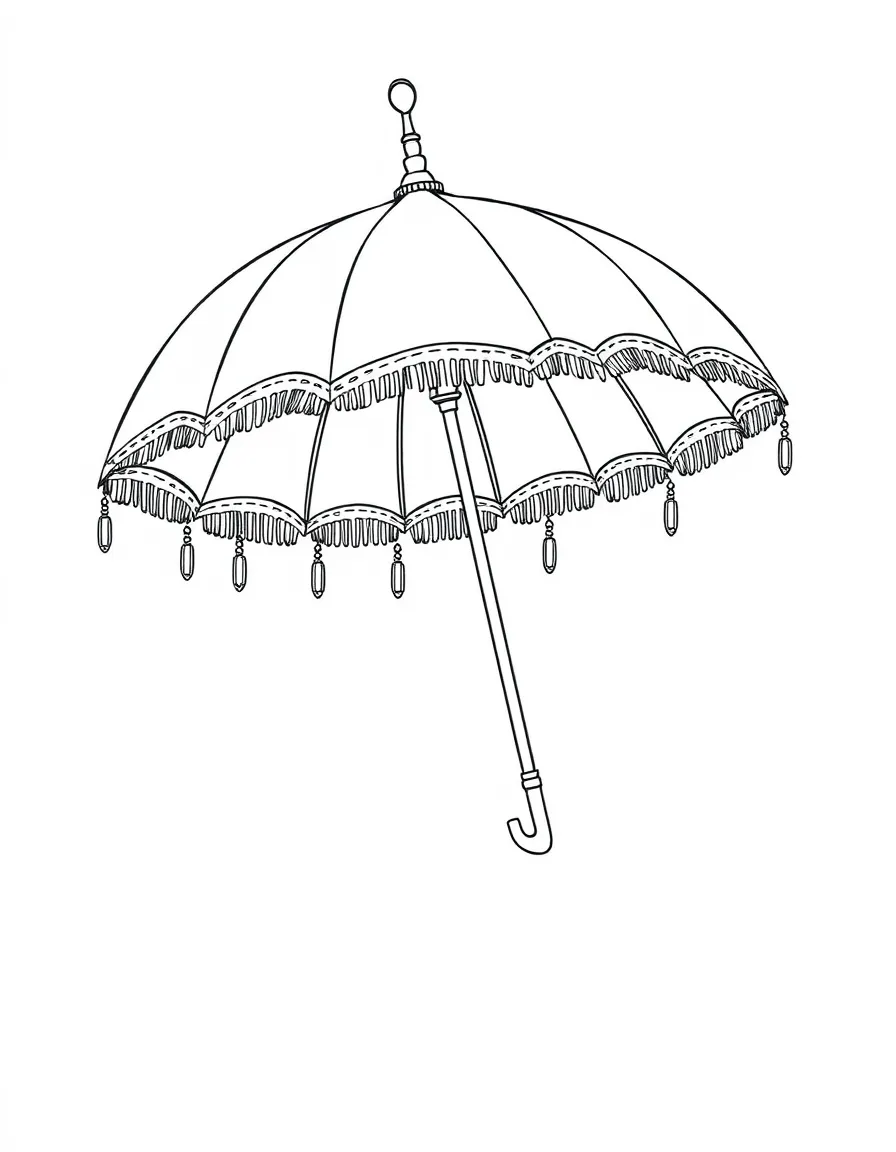 Precious parasol (chattra) with ornate handle and tasseled edges