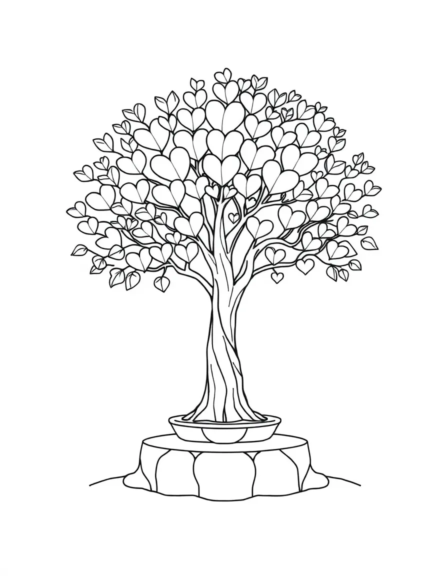 Bodhi tree with heart-shaped leaves and enlightenment platform