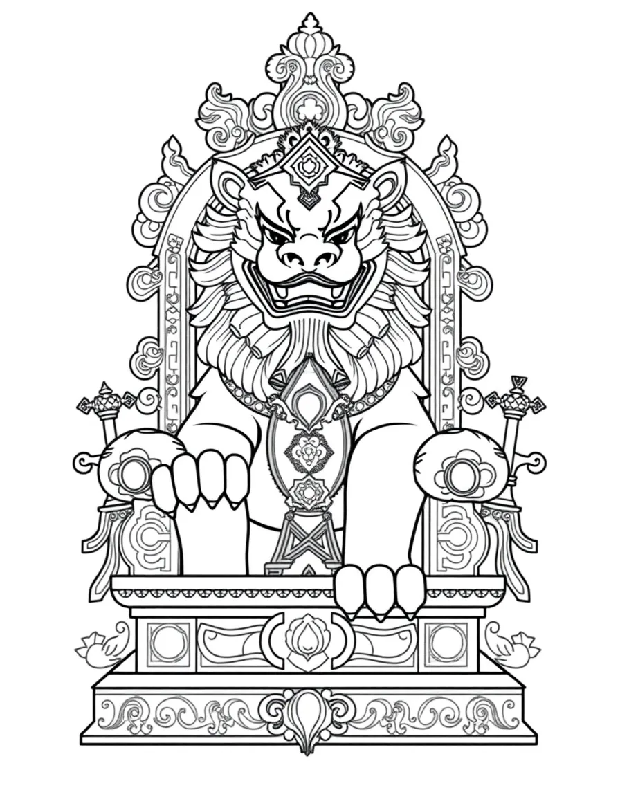 Dharma lion throne with ornate details and symbolic elements