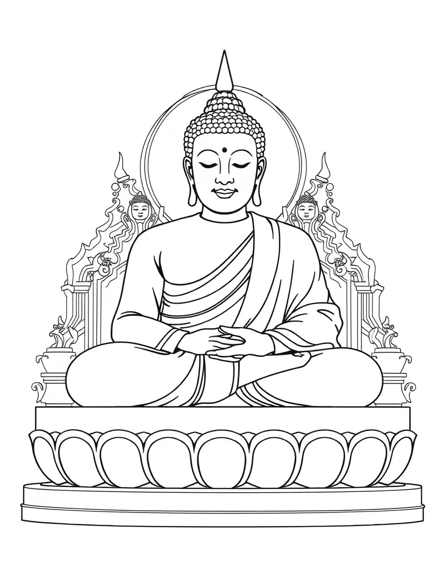 Reclining Buddha with peaceful expression and detailed architectural setting