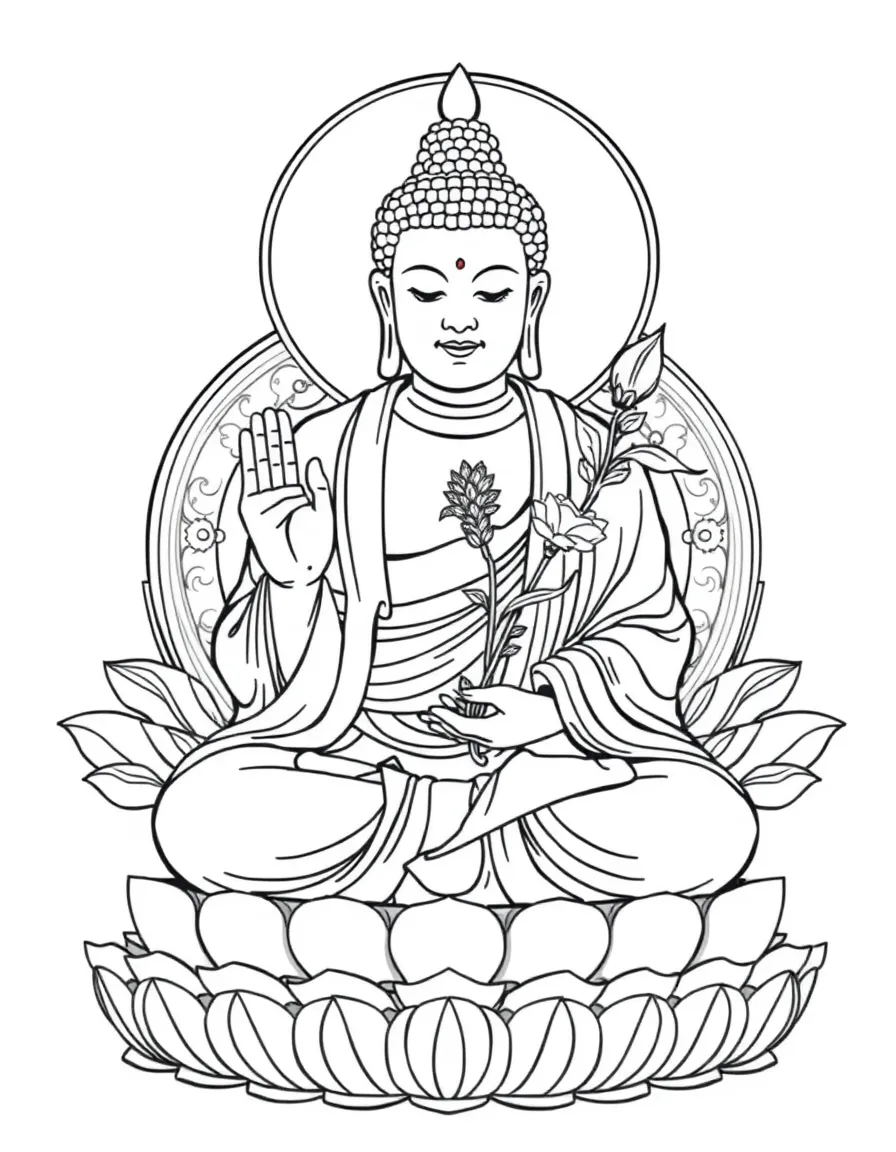 Medicine Buddha holding healing herb with detailed lotus throne