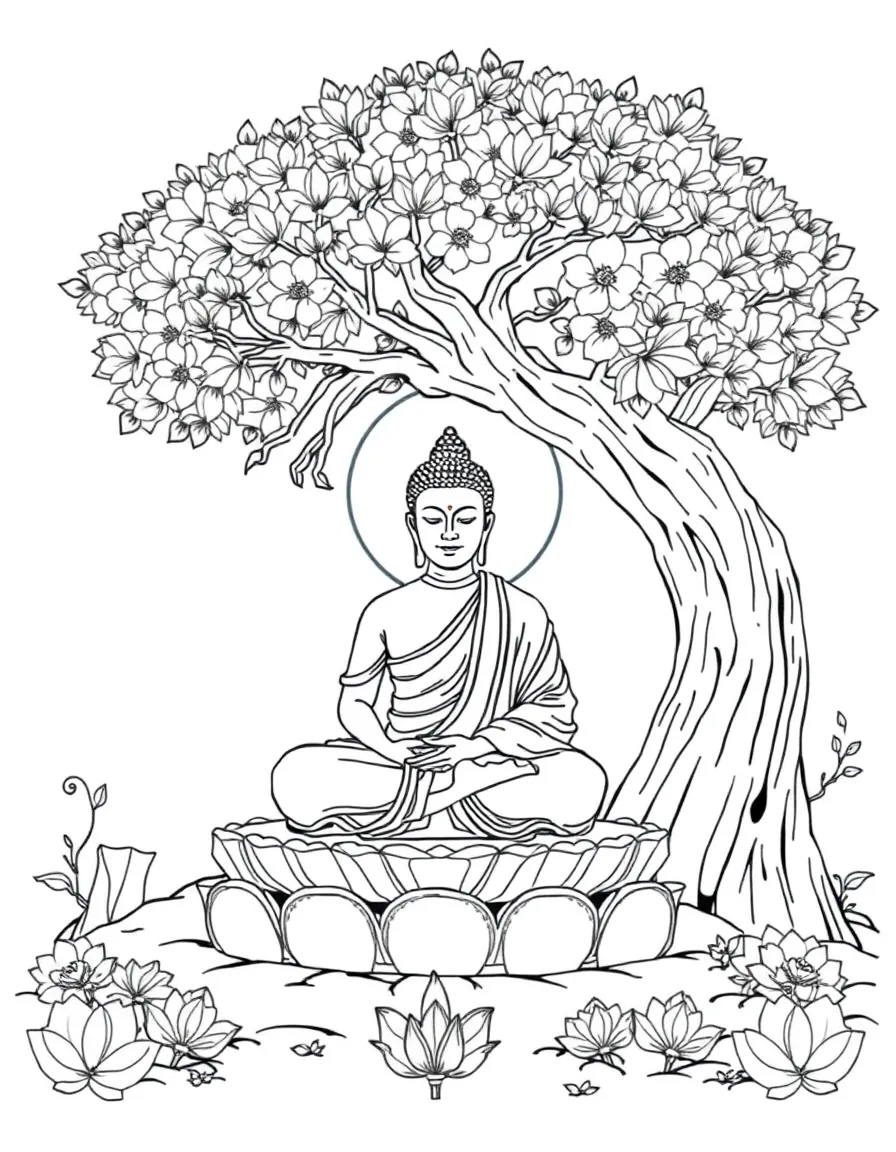 Buddha under Bodhi tree at moment of enlightenment with detailed surroundings