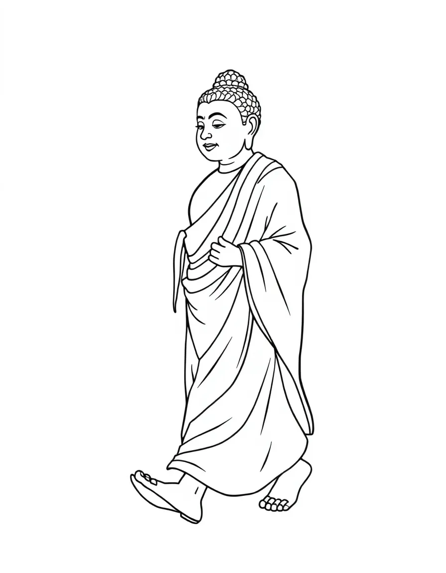 Walking Buddha with detailed footprints and flowing robes
