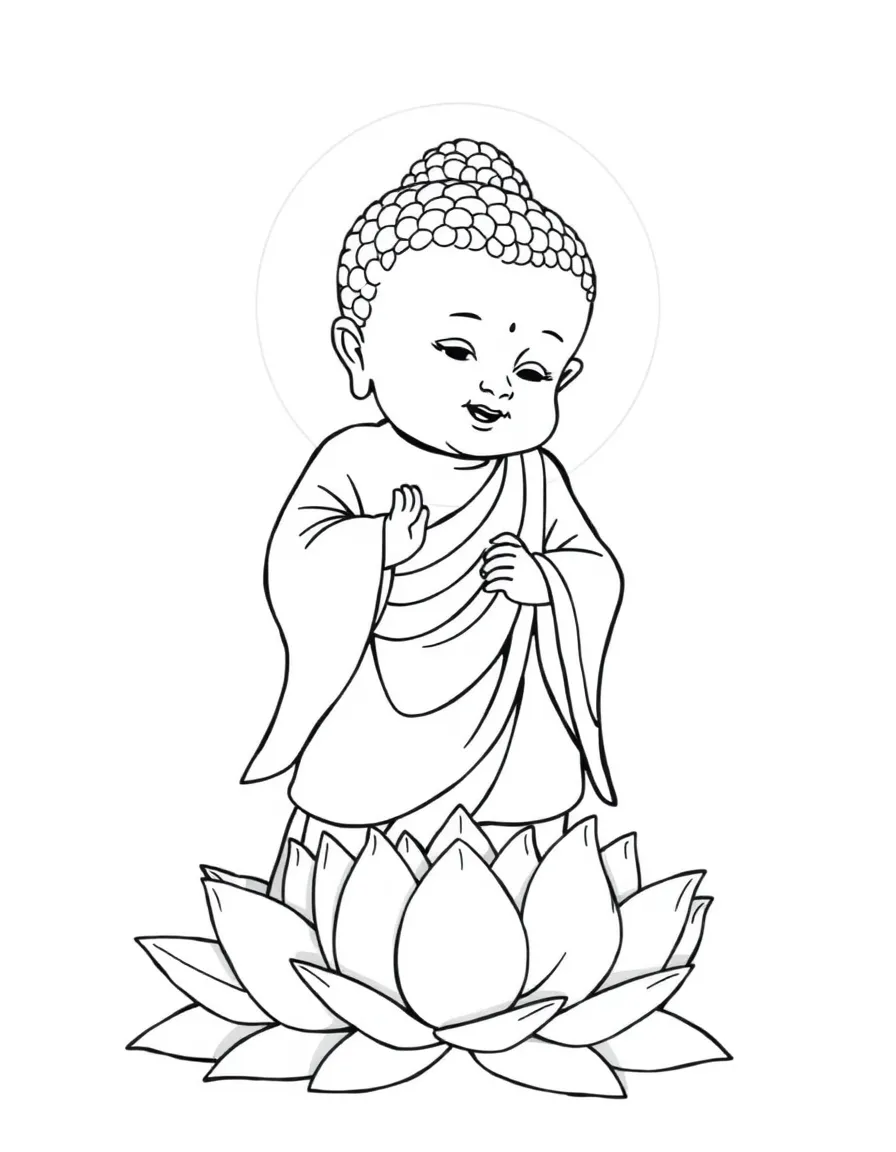 Baby Buddha taking first steps with lotus flowers blooming beneath feet