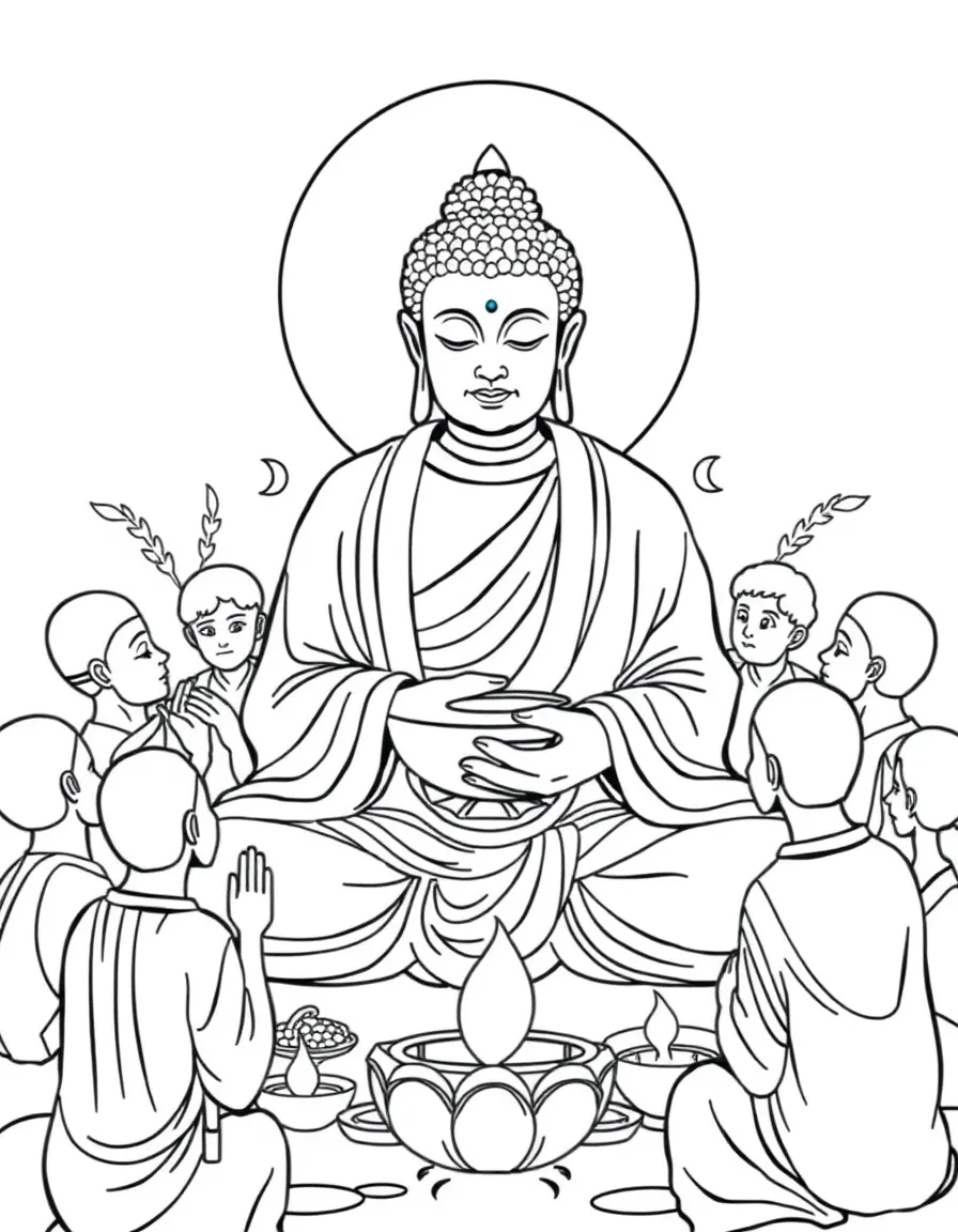 Buddha with alms bowl surrounded by offering devotees