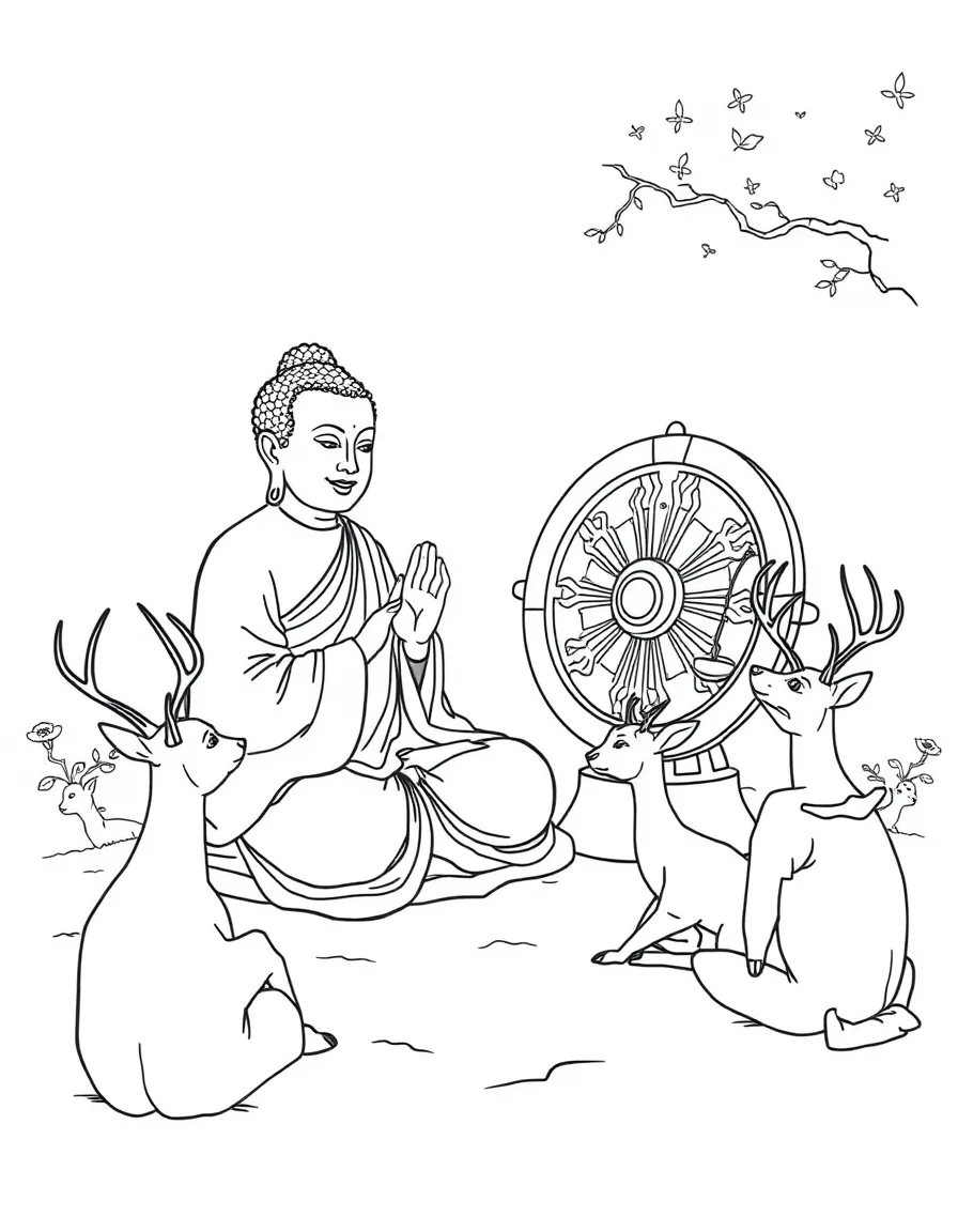 Buddha teaching first sermon with dharma wheel and deer listeners