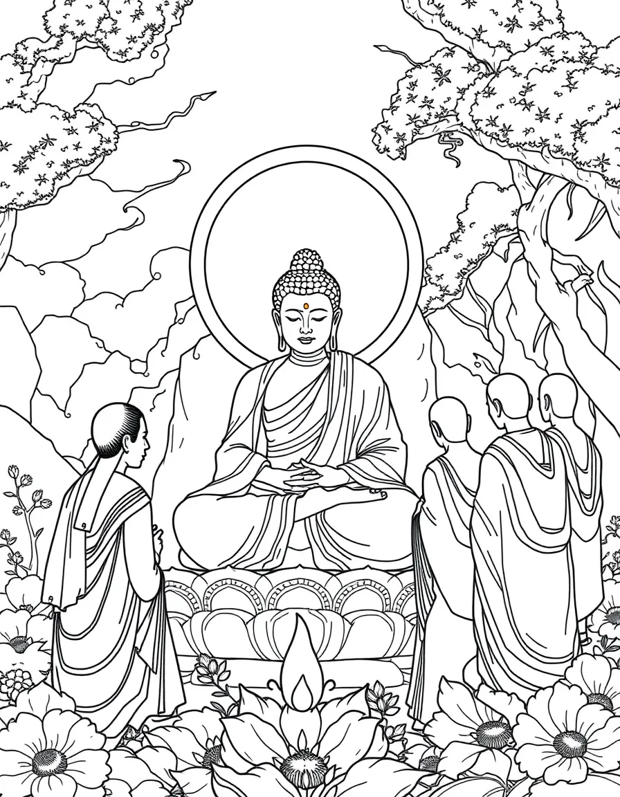 Buddha parinirvana scene with mourners and detailed surroundings