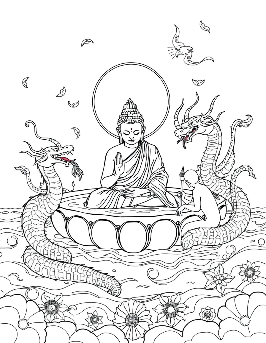 Buddha's first bath with nagas (serpent deities) and detailed water patterns