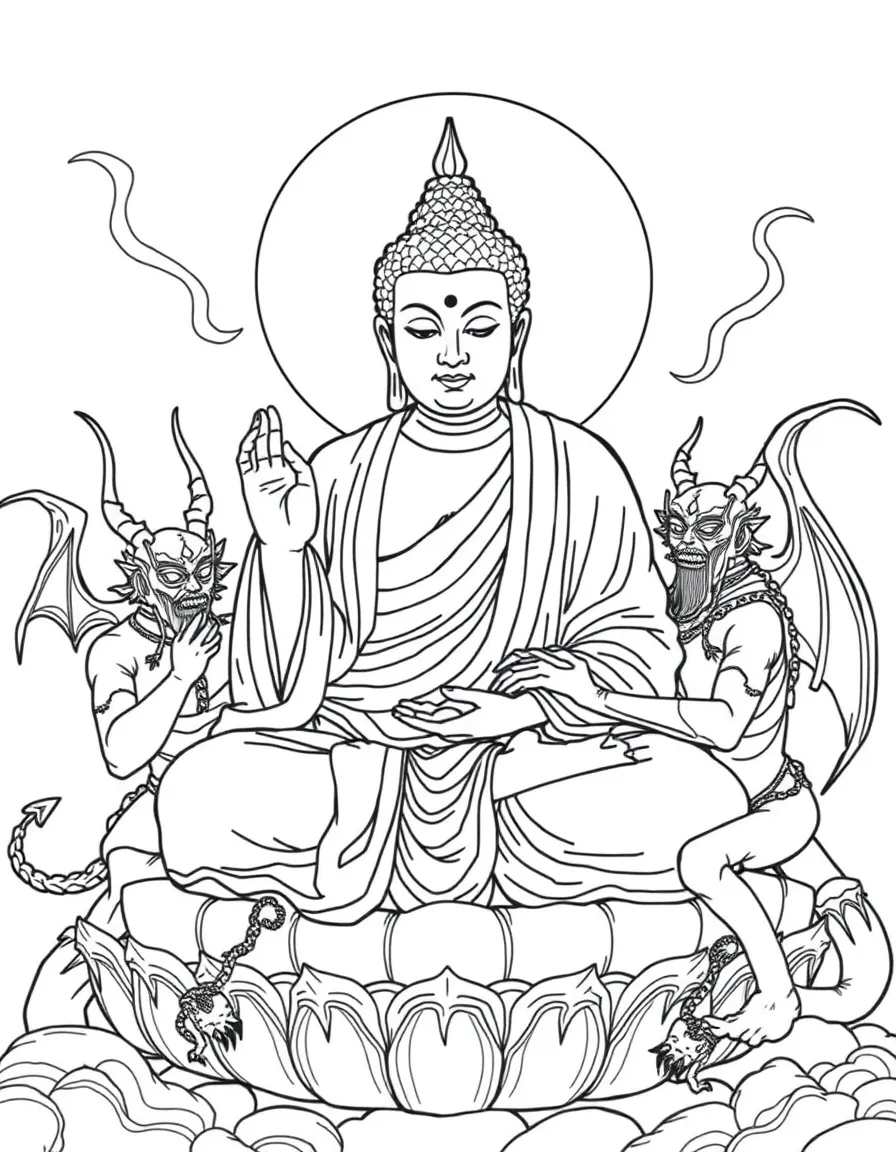 Buddha overcoming demons with detailed Mara figures and temptations
