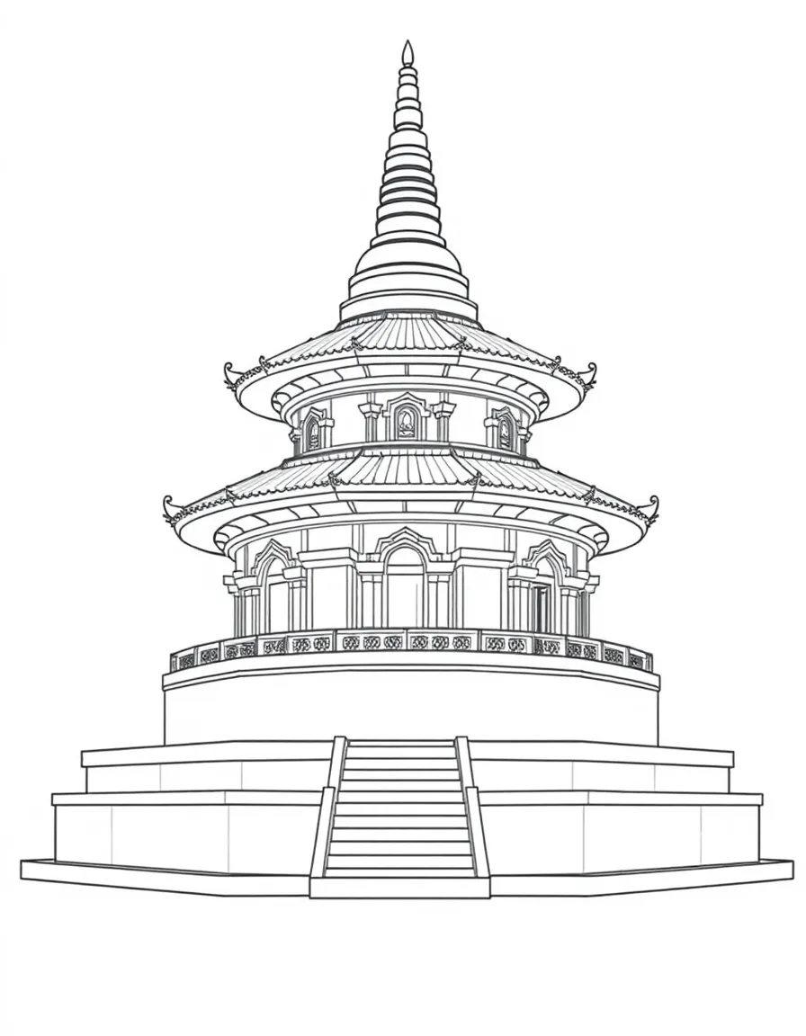 Detailed Buddhist stupa with architectural elements labeled