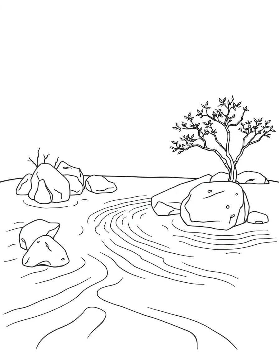 Japanese Zen garden with rock arrangements and raked sand patterns