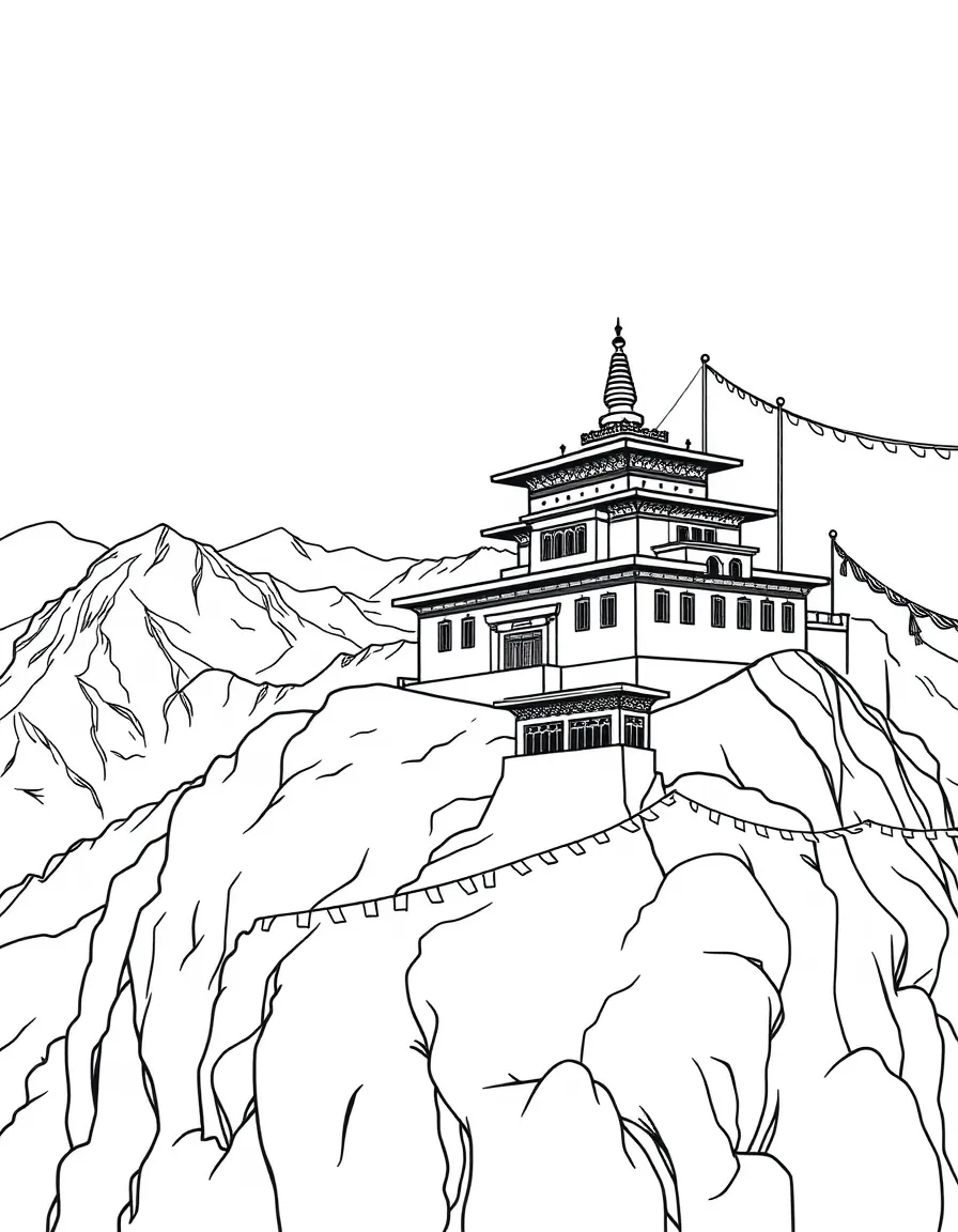 Tibetan monastery on mountainside with detailed architecture and prayer flags