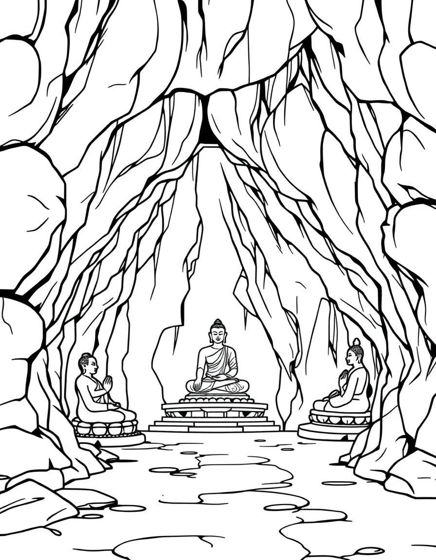 Buddhist cave temple entrance with detailed rock-cut Buddha figures