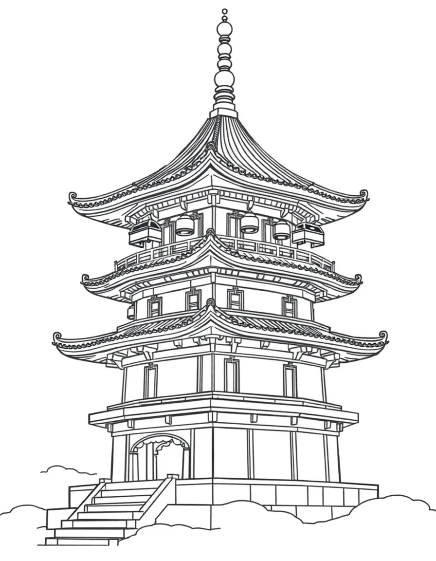Pagoda with multiple tiers and detailed roof elements with bells